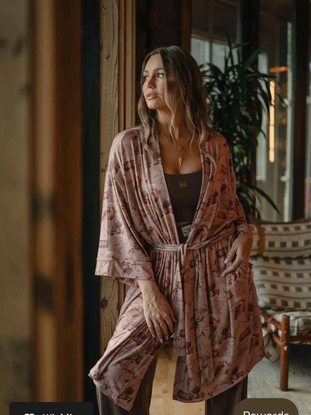 Printed Dusty Rose Satin Robe with Tie Belt